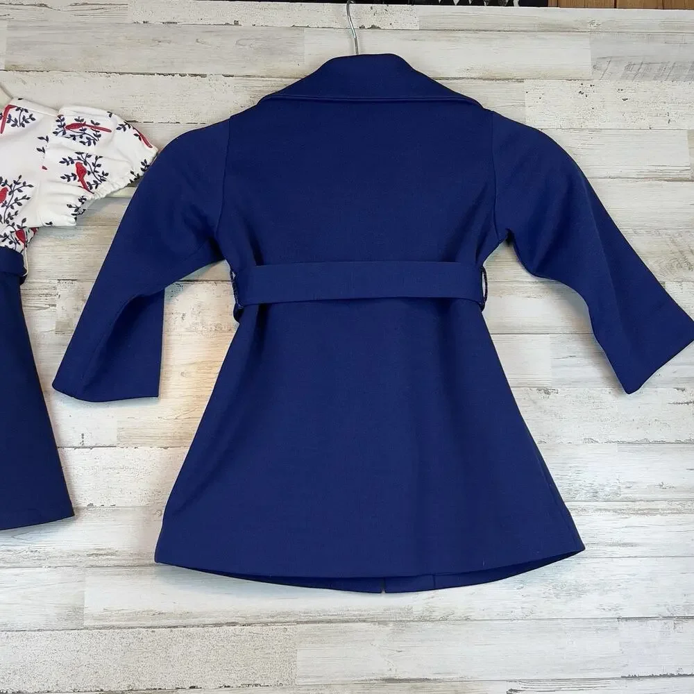 Vintage Handmade Girls Navy Coat & Bird‑Print Dress Set